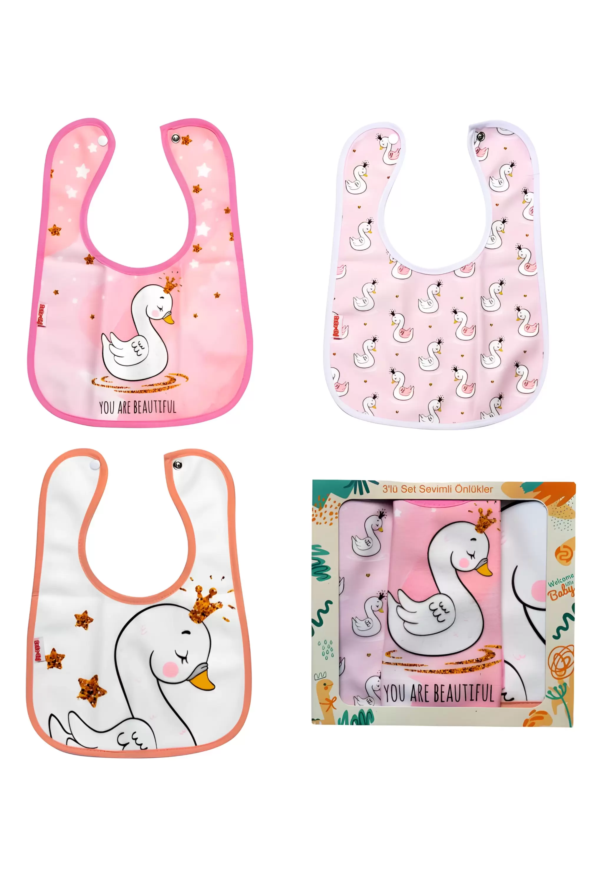 Kuğu Desenli 3lü Kombin Sıvı Geçirmez Kız Bebek Mama Önlüğü 0-6 Ay