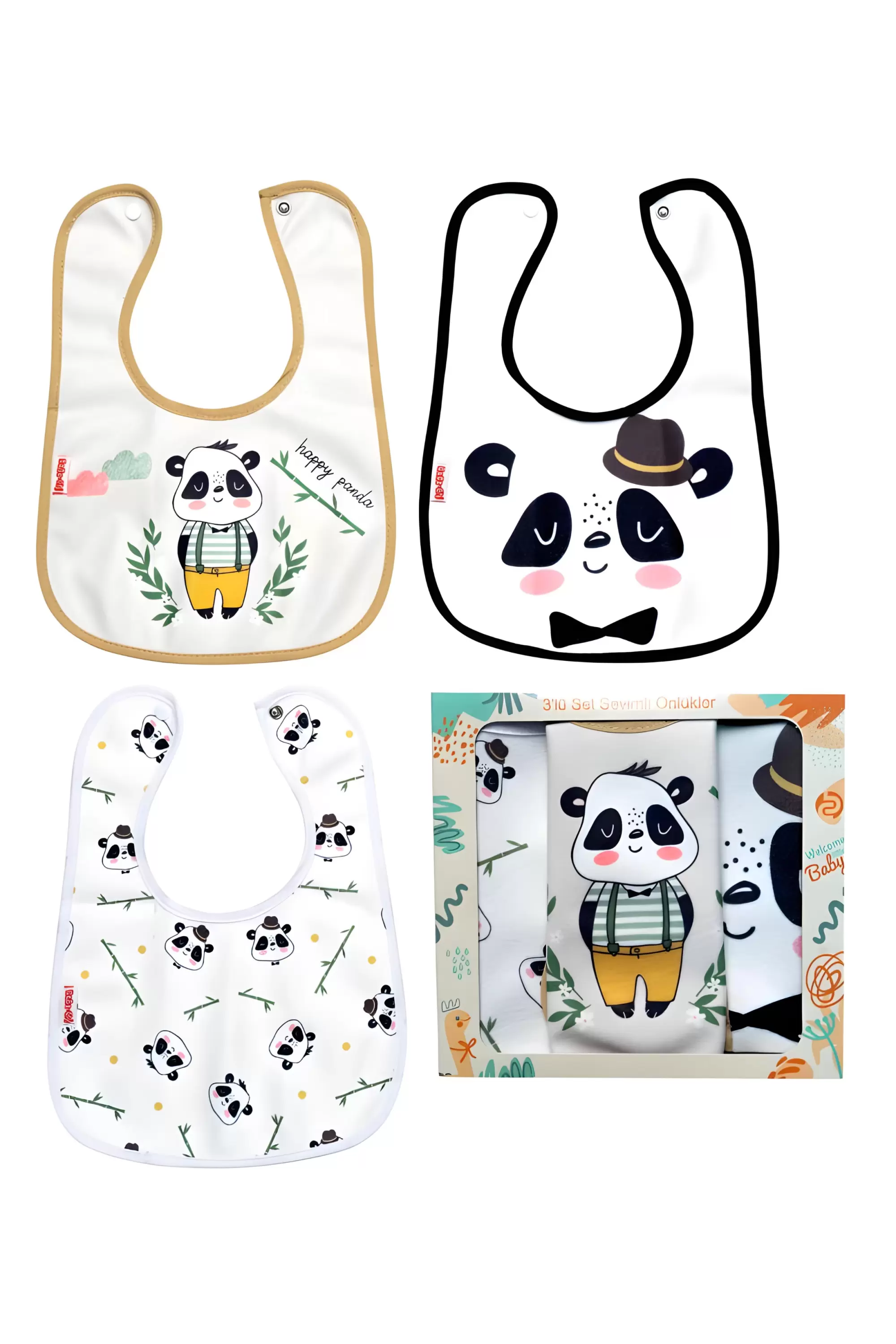 Panda Desenli 3lü Kombin Sıvı Geçirmez Bebek Mama Önlüğü 0-6 Ay