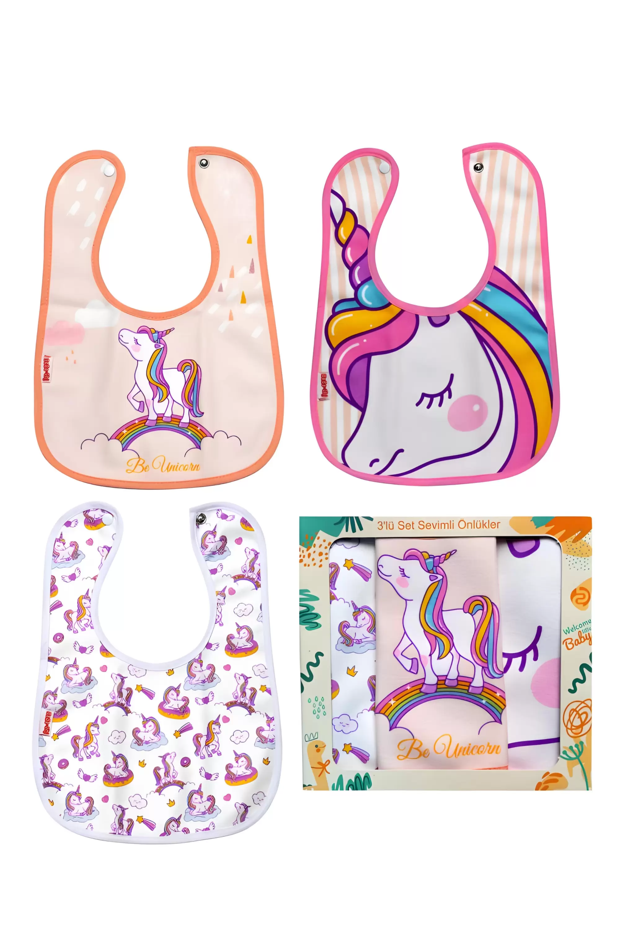 Unicorn Desenli 3lü Kombin Sıvı Geçirmez Kız Bebek Mama Önlüğü 0-6 Ay