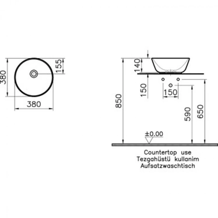 VitrA Geo 7421B001-0016 Çanak Lavabo Yuvarlak, Kompakt, 40x38 Cm Mat Beyaz