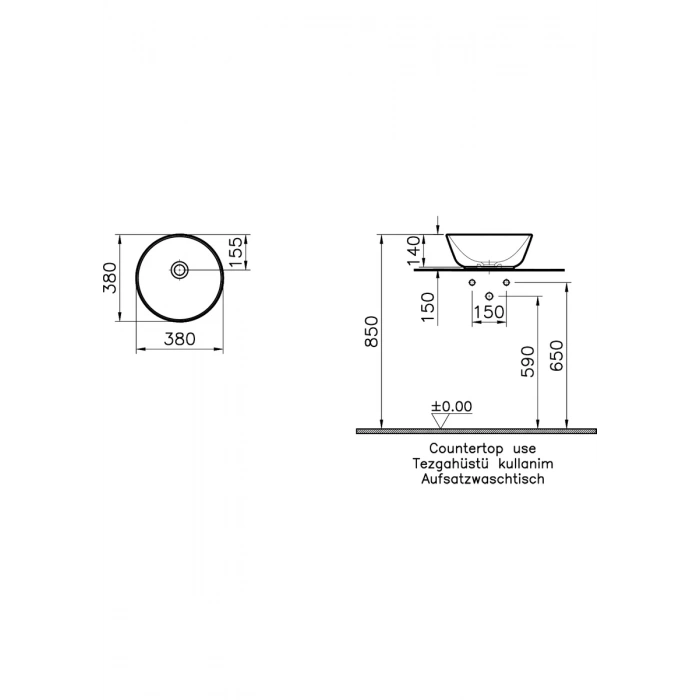 VitrA Geo 7421B083-0016 Çanak Lavabo Yuvarlak, Kompakt, 40x38 cm Mat Siyah
