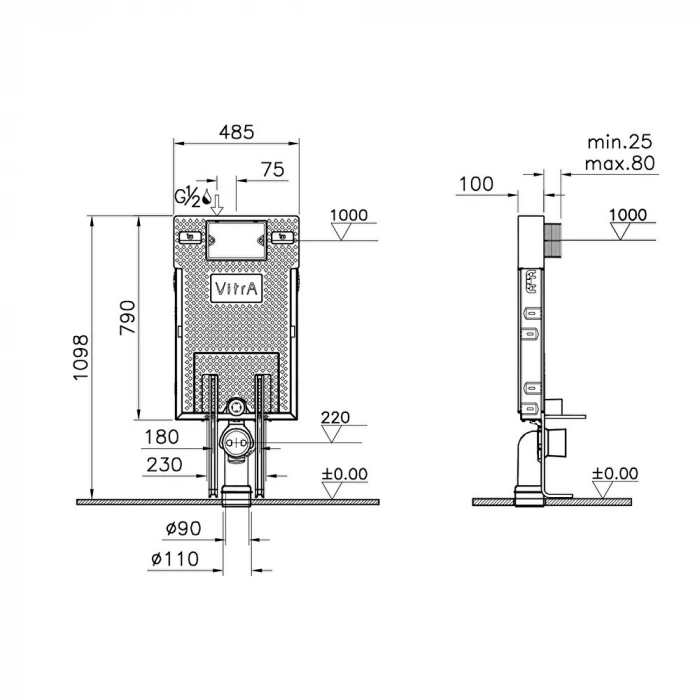 VitrA Pro 750-1851-01 Gömme Rezervuar, Asma Klozetler için, İnce Metal Ayaklı, 3/6 L
