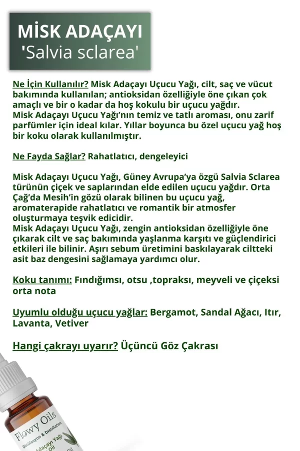 Toptan Misk Adaçayı Yağı %100 Doğal Bitkisel Uçucu Yağ Clary Sage Oil 10ml