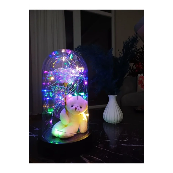 Anneler Günü Sevgiliye Hediye Ayıcık Ledli Fanus Sonsuzluk Gülü Hediyesi