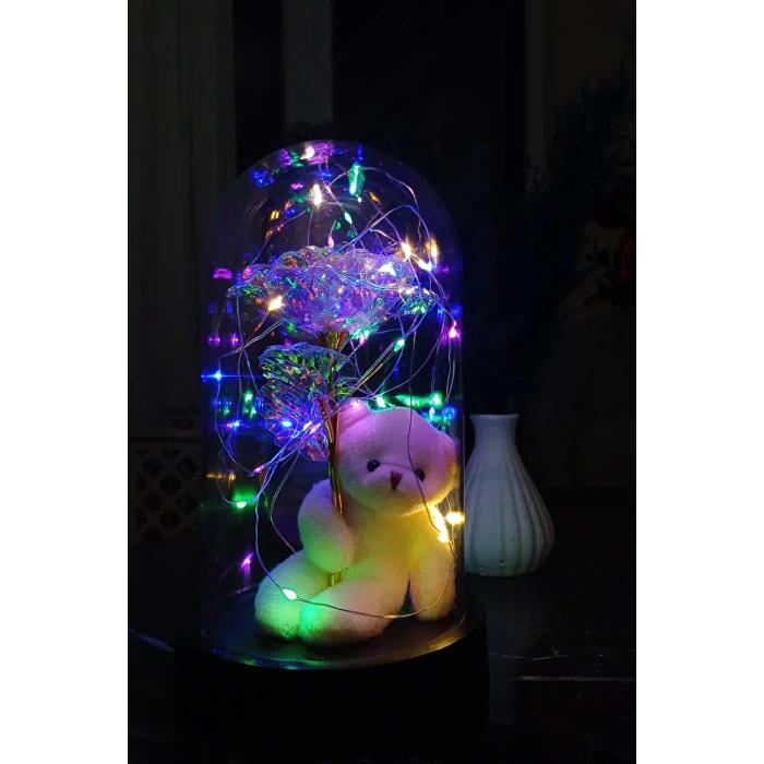 Anneler Günü Sevgiliye Hediye Ayıcık Ledli Fanus Sonsuzluk Gülü Hediyesi