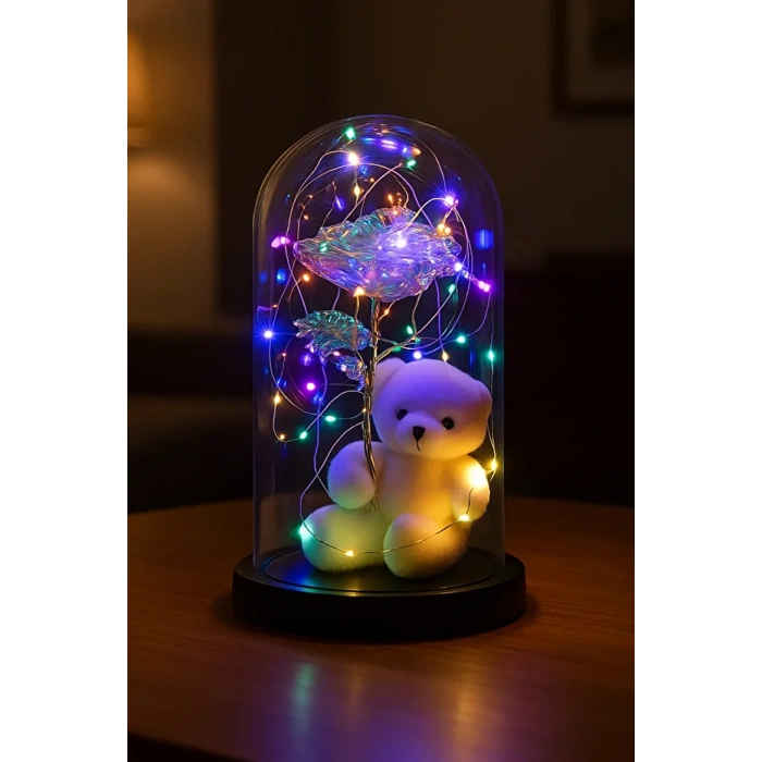 Anneler Günü Sevgiliye Hediye Ayıcık Ledli Fanus Sonsuzluk Gülü Hediyesi