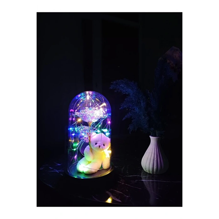 Anneler Günü Sevgiliye Hediye Ayıcık Ledli Fanus Sonsuzluk Gülü Hediyesi