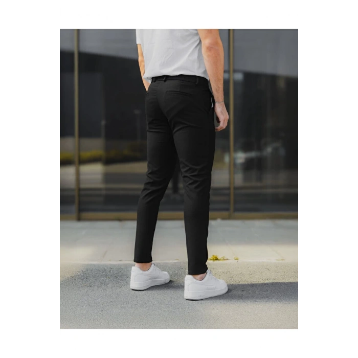 Erkek Siyah Renk Kaliteli Esnek Likralı Bilek Boy Kumaş Pantolon