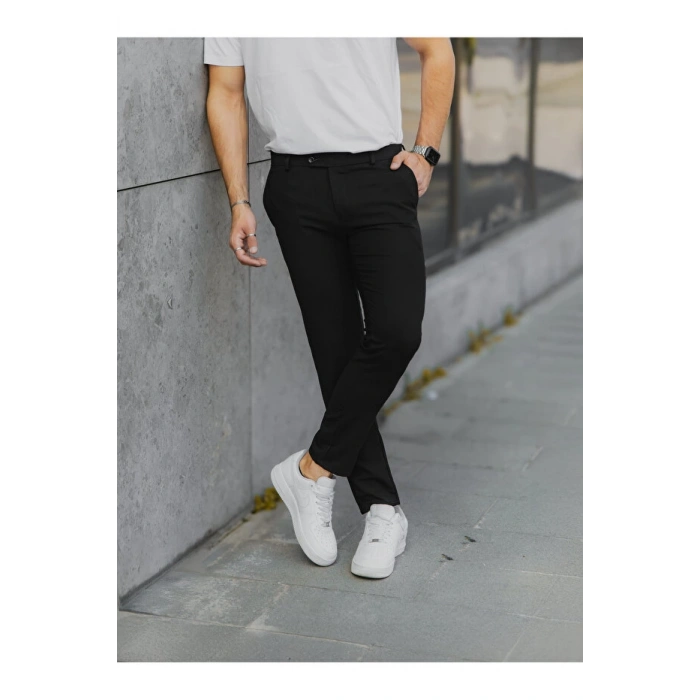 Erkek Siyah Renk Kaliteli Esnek Likralı Bilek Boy Kumaş Pantolon