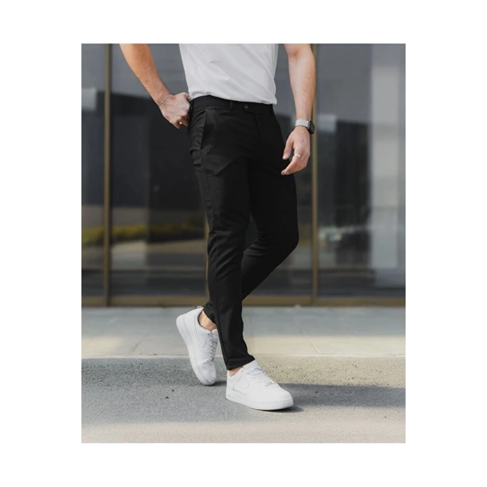 Erkek Siyah Renk Kaliteli Esnek Likralı Bilek Boy Kumaş Pantolon