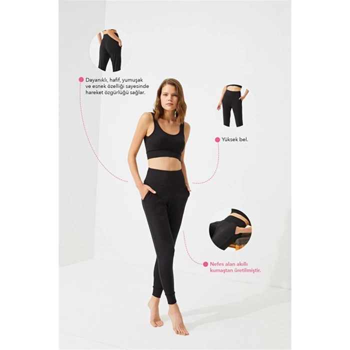 Siyah Yüksek Bel Çift Cepli Kadın Jogger Eşofman Altı