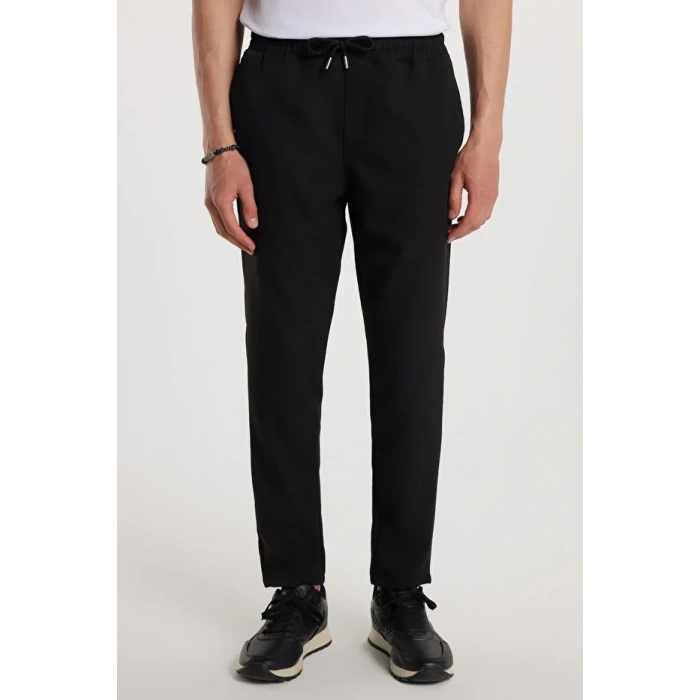 Tudors Erkek Beli Lastikli Bağcıklı Jogger Siyah Pantolon Rahat Kesim Yan Cepli