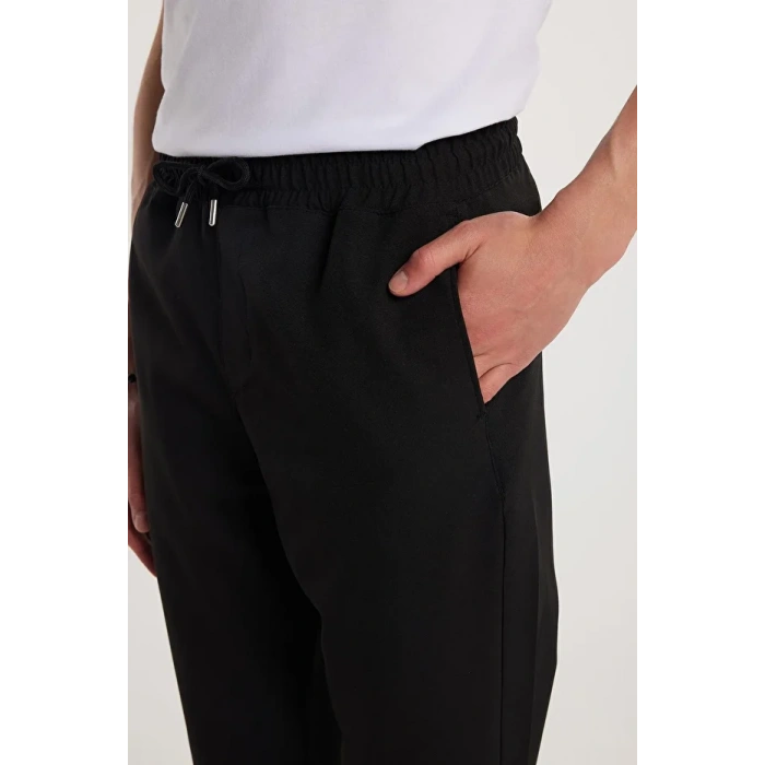 Tudors Erkek Beli Lastikli Bağcıklı Jogger Siyah Pantolon Rahat Kesim Yan Cepli