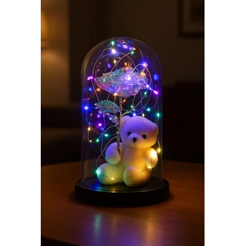 Anneler Günü Sevgiliye Hediye Ayıcık Ledli Fanus Sonsuzluk Gülü Hediyesi