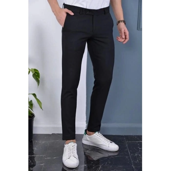 Erkek Siyah Renk Kaliteli Esnek Likralı Bilek Boy Kumaş Pantolon