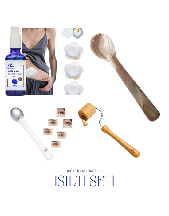 1Sen Art & Beauty 4 lü Işıltı Seti -(Hint yağı -Göz Çevresi Soğutucu Masaj Aleti – Ahşap Masaj Aleti -Sedef Kaşık) Şişlik, Morluk ve İnce Çizgi Karşıtı Metal Roller