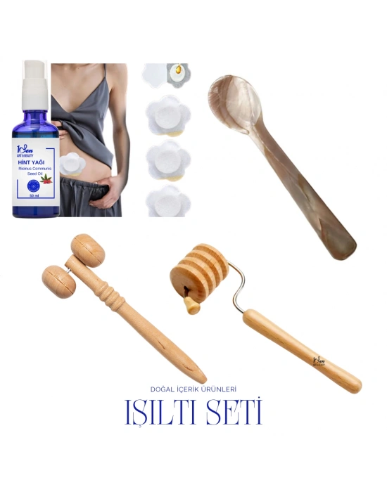1Sen Art & Beauty 4 lü Işıltı Seti -(Hint yağı -Göz Çevresi Soğutucu Masaj Aleti – Ahşap Masaj Aleti -Sedef Kaşık) Şişlik, Morluk ve İnce Çizgi Karşıtı Metal Roller