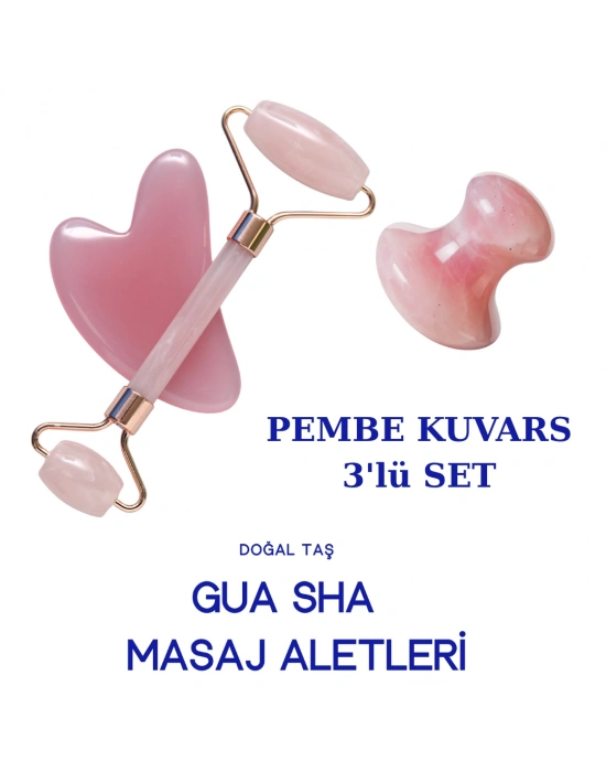 Pembe Kuvars Kalp-Mantar-Roller 3lü Set Masaj Taşı | Doğal Yüz Şekillendirici & Cilt Canlandırıcı 3lü Set