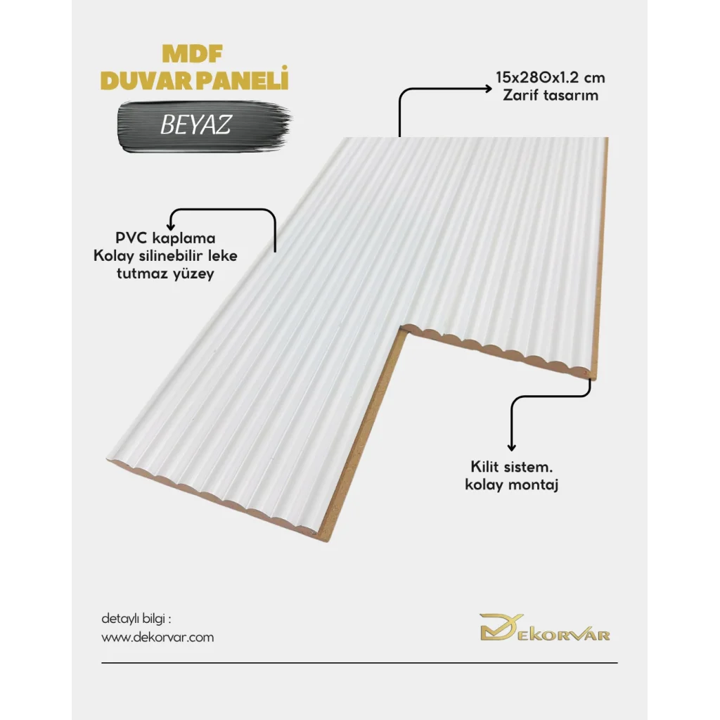 Beyaz Cloe Mdf Lambri Duvar Paneli 15cmx280cm