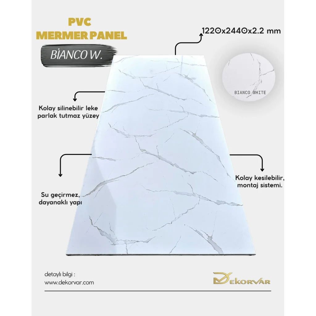Bianco White Mermer Desenli Pvc Duvar Paneli 1220x2440x2.2