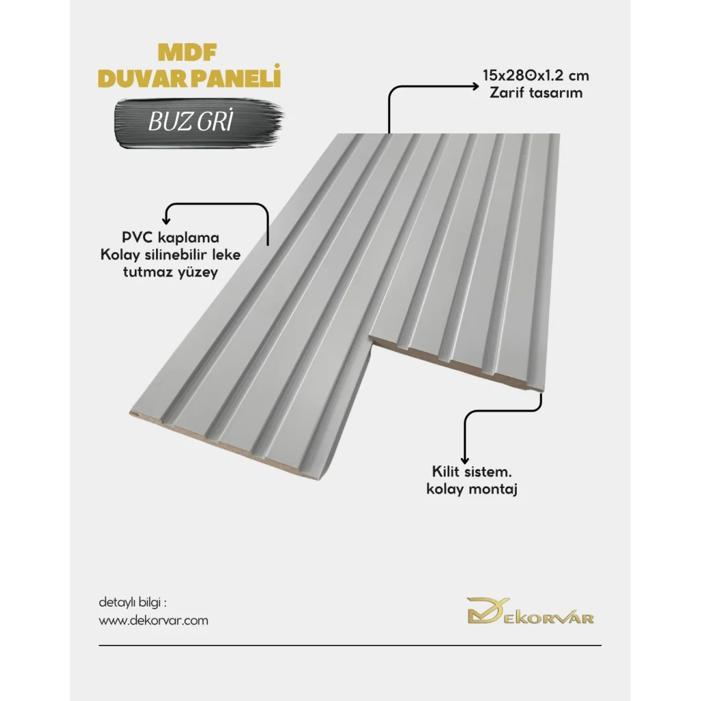 Buz Gri Tetra Mdf Lambri Duvar Paneli 15cmx280cm