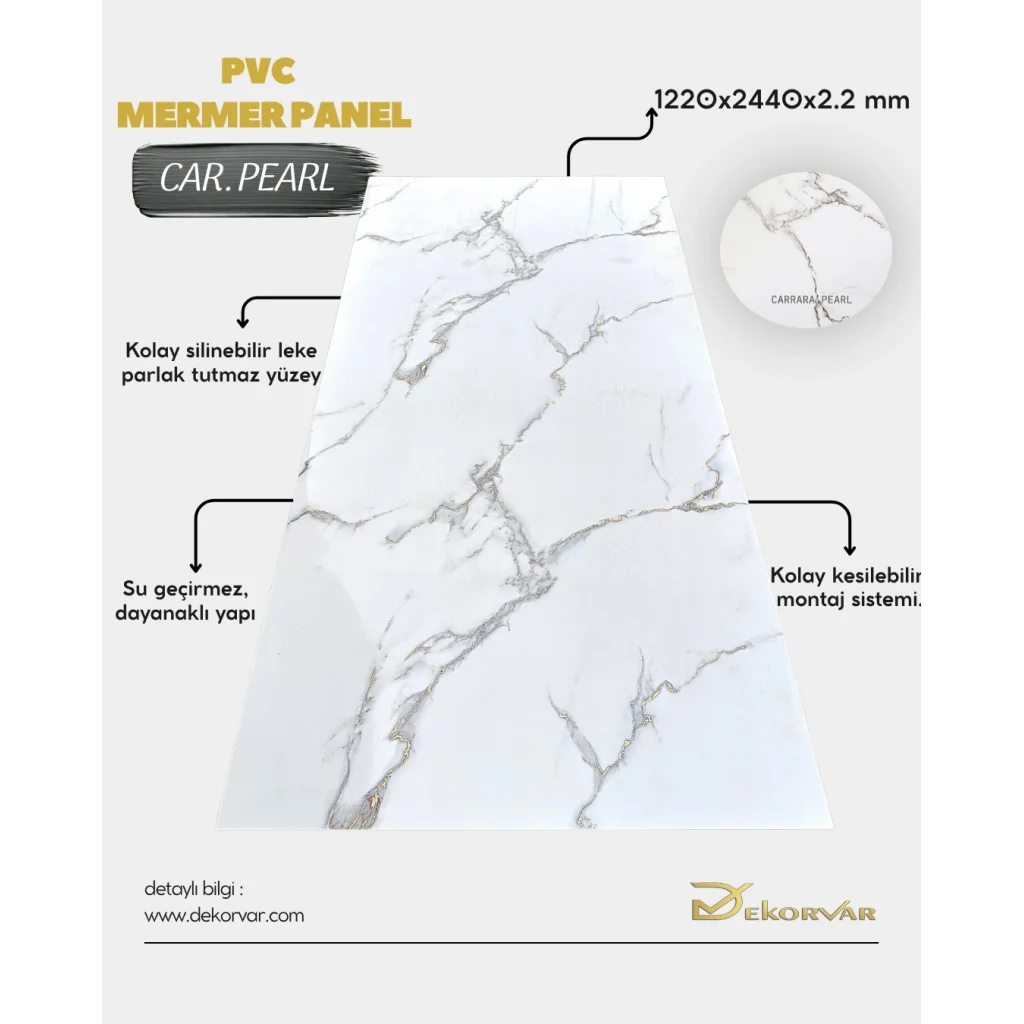 Carrara Pearl Mermer Desenli Pvc Duvar Paneli 1220x2440x2.2