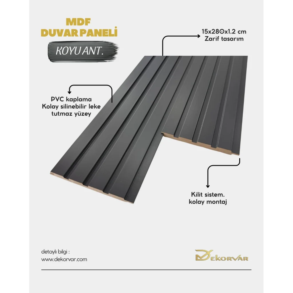 Koyu Antrasit Tetra Mdf Lambri Duvar Paneli 15cmx280cm