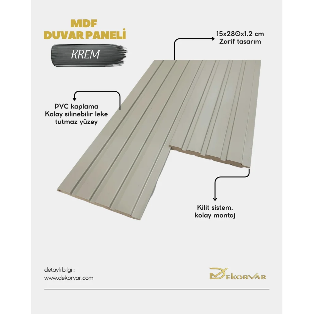 Krem Tetra Mdf Lambri Duvar Paneli 15cmx280cm