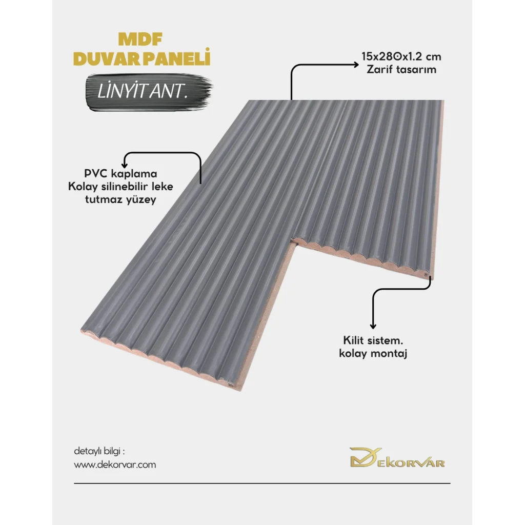 Linyit Gri Cloe  Mdf Lambri Duvar Paneli 15cmx280cm