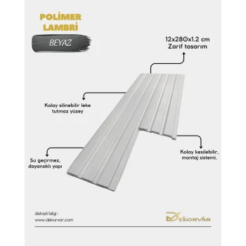 Beyaz Polimer Lambri Duvar ve Tavan Paneli - 12mm