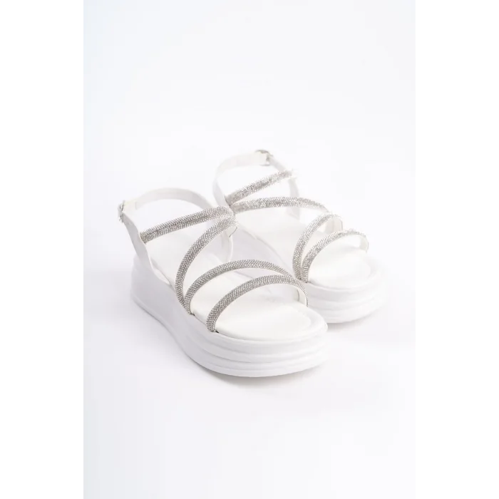 RILEY İnce Tokalı Taşlı Şeritli Ortopedik Taban Kadın Sandalet CBT - Beyaz