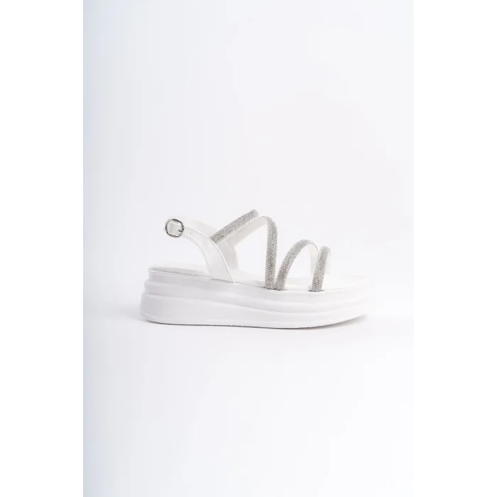 RILEY İnce Tokalı Taşlı Şeritli Ortopedik Taban Kadın Sandalet CBT - Beyaz