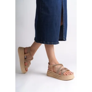 ELENA Lastikli Taşlı Şeritli Ortopedik Taban Kadın Sandalet CTT - Ten