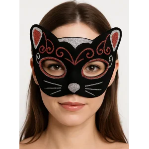 Kadife Dokulu Sim Detaylı Işıltılı Kedi Maskesi Kırmızı Gümüş 20x13 cm