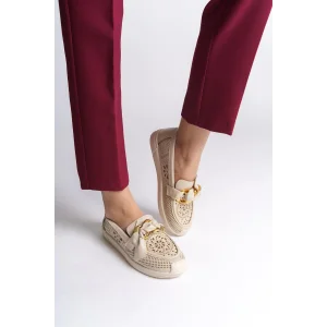 LYDIA Bağcıksız Ortopedik Rahat Taban Çiçek Desenli Kadın Babet Ayakkabı  CKT - Krem