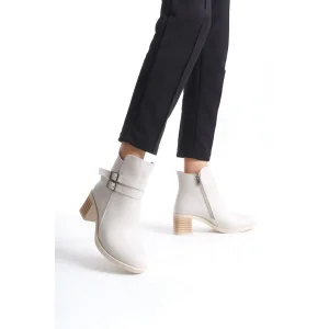 NOEMI Tokalı Fermuarlı Ortopedik Taban TopukluKadın Bot  CKT - Krem
