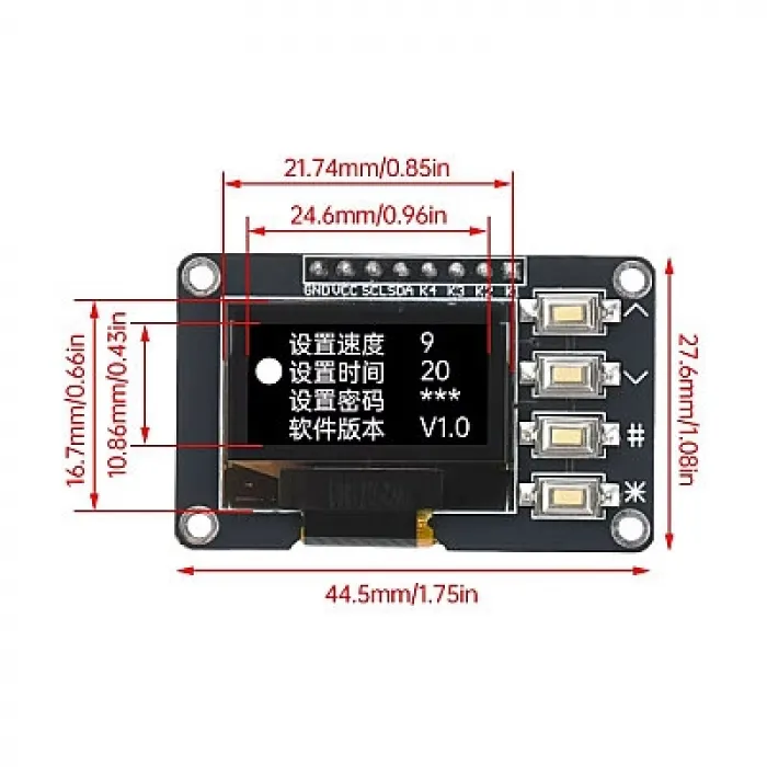 0.96 128x64 SSD1315 4-Butonlu OLED LCD Ekran - Beyaz