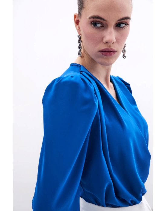 Kruvaze Yaka Vatkalı Çıtçıtlı Bodysuit Bluz Saks