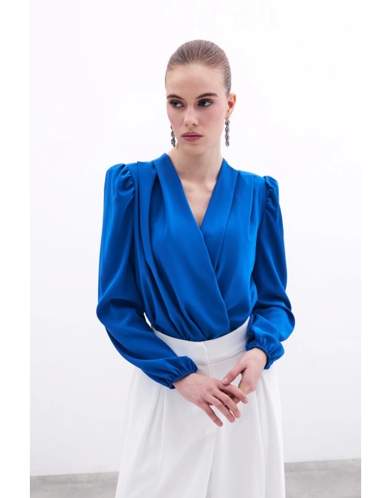 Kruvaze Yaka Vatkalı Çıtçıtlı Bodysuit Bluz Saks