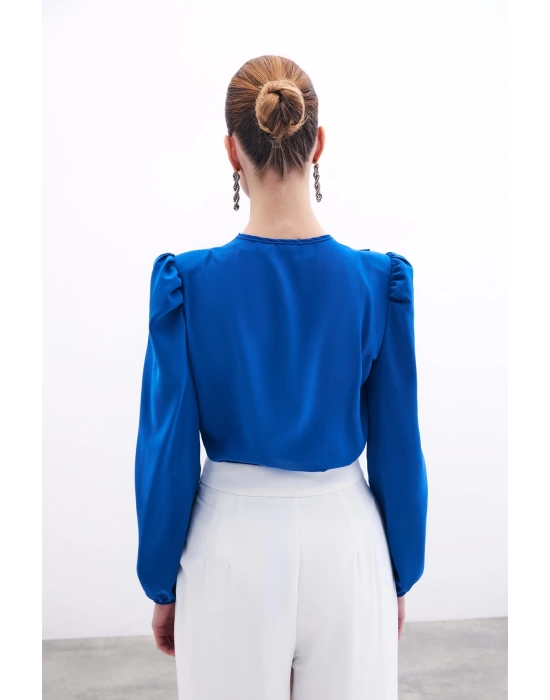 Kruvaze Yaka Vatkalı Çıtçıtlı Bodysuit Bluz Saks