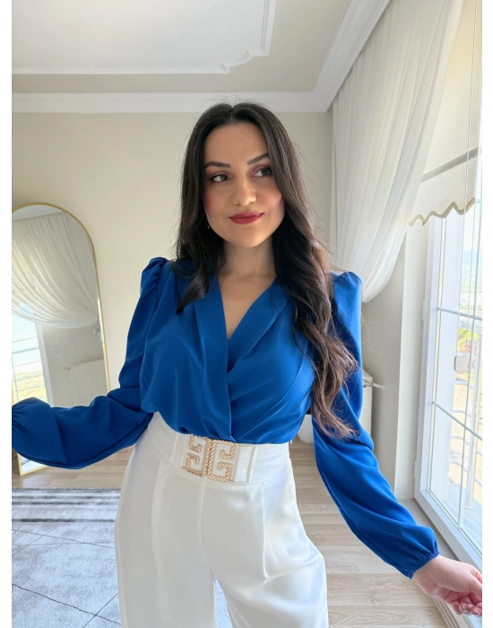 Kruvaze Yaka Vatkalı Çıtçıtlı Bodysuit Bluz Saks