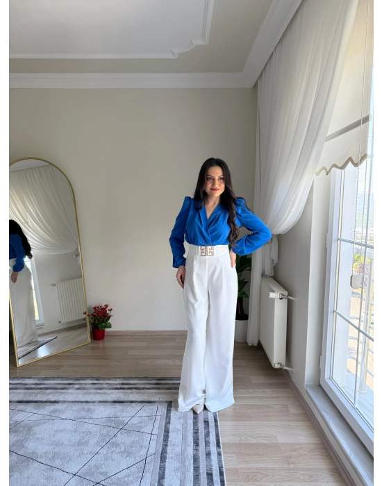 Kruvaze Yaka Vatkalı Çıtçıtlı Bodysuit Bluz Saks