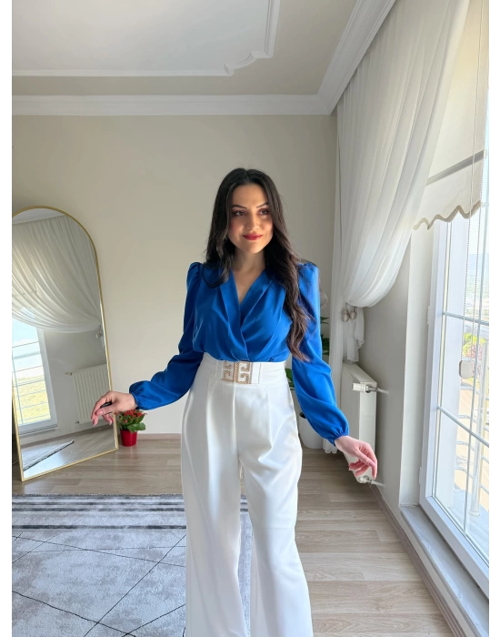 Kruvaze Yaka Vatkalı Çıtçıtlı Bodysuit Bluz Saks