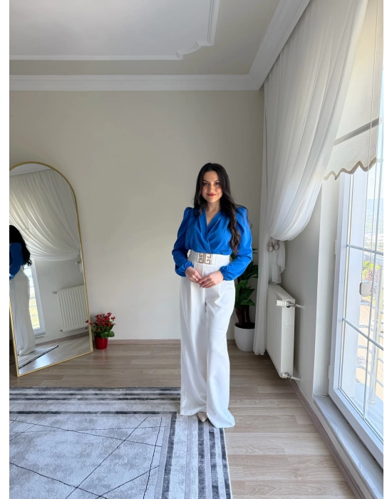 Kruvaze Yaka Vatkalı Çıtçıtlı Bodysuit Bluz Saks