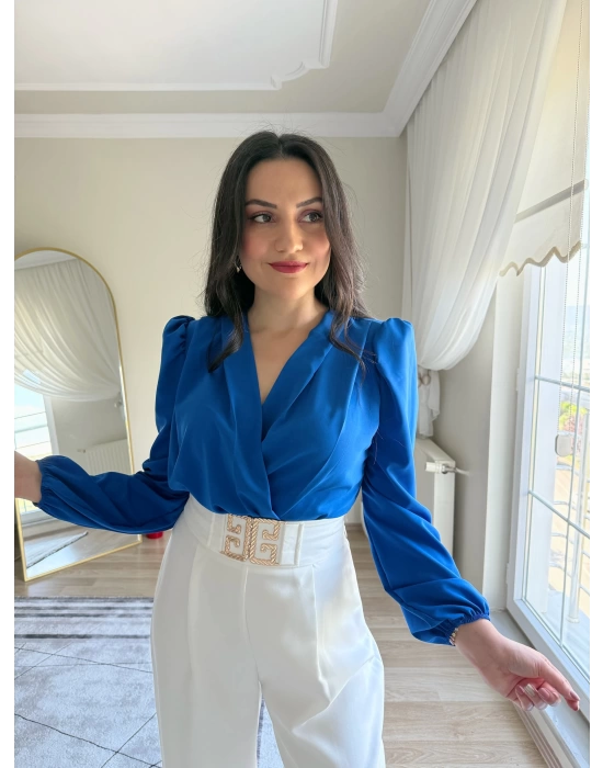 Kruvaze Yaka Vatkalı Çıtçıtlı Bodysuit Bluz Saks