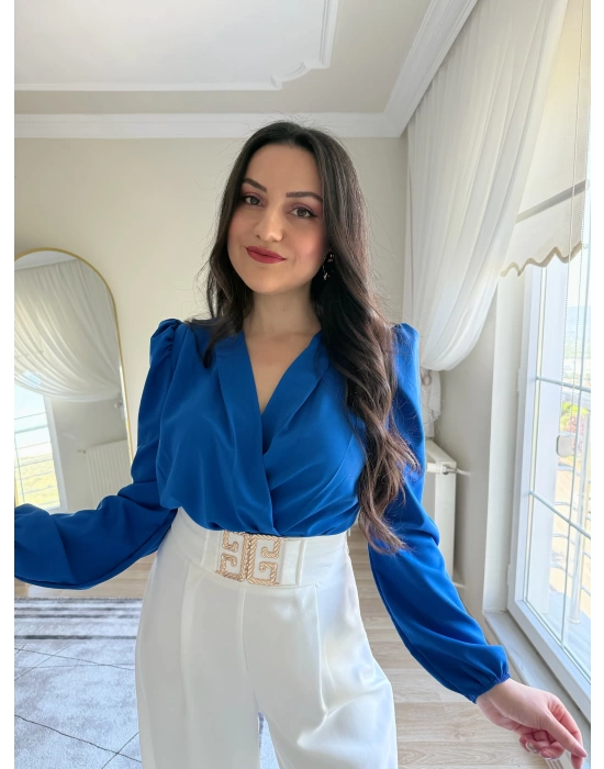 Kruvaze Yaka Vatkalı Çıtçıtlı Bodysuit Bluz Saks