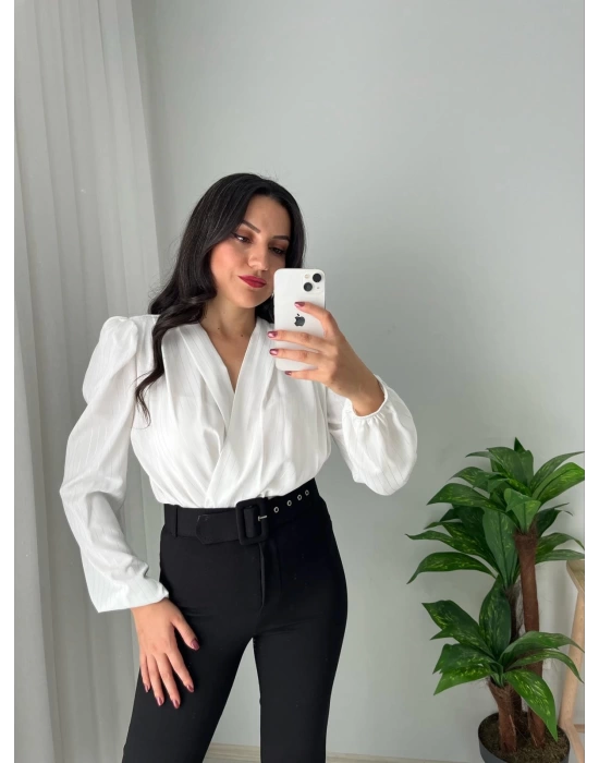 Parlak Çizgili Bodysuit Bluz Beyaz