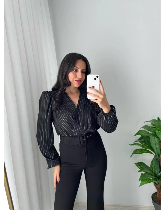 Parlak Çizgili Bodysuit Bluz Siyah