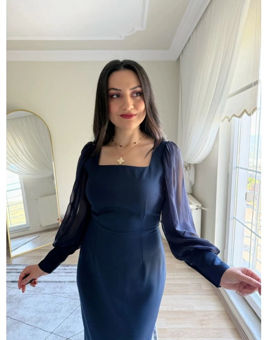Şifon Kollu Krep Kalem Elbise Lacivert