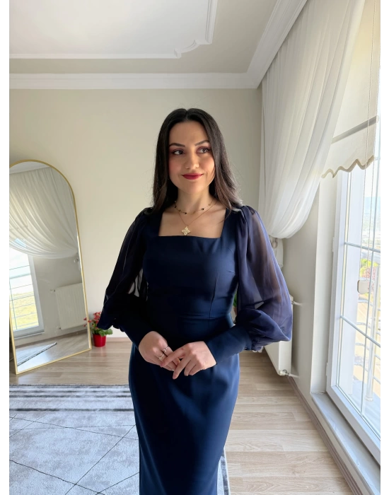 Şifon Kollu Krep Kalem Elbise Lacivert